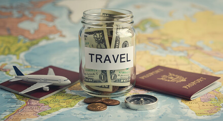 Saving for travel A jar filled with cash and travel essentials on a world map Image