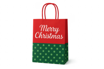 Red and green christmas shopping bag with merry christmas writing on transparent background