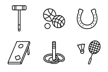 Lawn game outline icon set. Vector collection of summer backyard activities. Includes croquet, bocce, horseshoes, cornhole, ring toss, and badminton symbols for family fun.