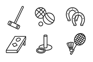 Lawn game vector icon set. Outline symbols for summer outdoor activities. Croquet, bocce ball, horseshoes, cornhole, ring toss, and badminton. Backyard fun and recreation.
