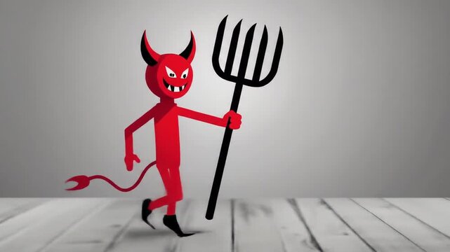 Animated Red Devil Character with Pitchfork on Wooden Surface Background