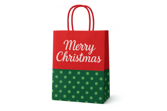 Red and green christmas shopping bag with merry christmas writing on transparent background