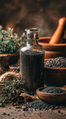 Black Cumin Seeds and Oil in Rustic Herbal Medicine Setting