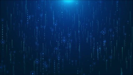 Futuristic motion vertical binary codes and ascending hexagonal rings. Use of digital lock icons, geometric symmetry enhances cyber data flow concept, for cybersecurity, blockchain, network visuals. - Powered by Adobe
