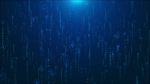 Futuristic motion vertical binary codes and ascending hexagonal rings. Use of digital lock icons, geometric symmetry enhances cyber data flow concept, for cybersecurity, blockchain, network visuals.