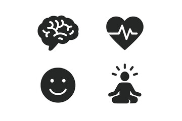 Mental wellness solid icon set. Psychology, health, and mindfulness symbols. Brain, heart pulse, happy face, and meditation person glyph. Emotional wellbeing concept vector.