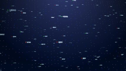 Animated digital background showing fluctuating prices, green gains, red losses, financial tickers dark space. for visuals illustrating investment, analytics, trends, data-driven strategy, volatility. - Powered by Adobe