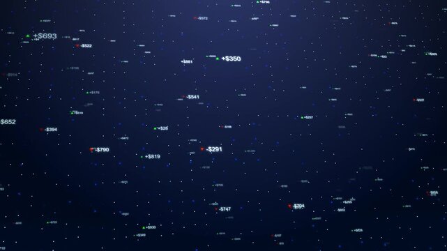 Animated digital background showing fluctuating prices, green gains, red losses, financial tickers dark space. for visuals illustrating investment, analytics, trends, data-driven strategy, volatility. - Powered by Adobe
