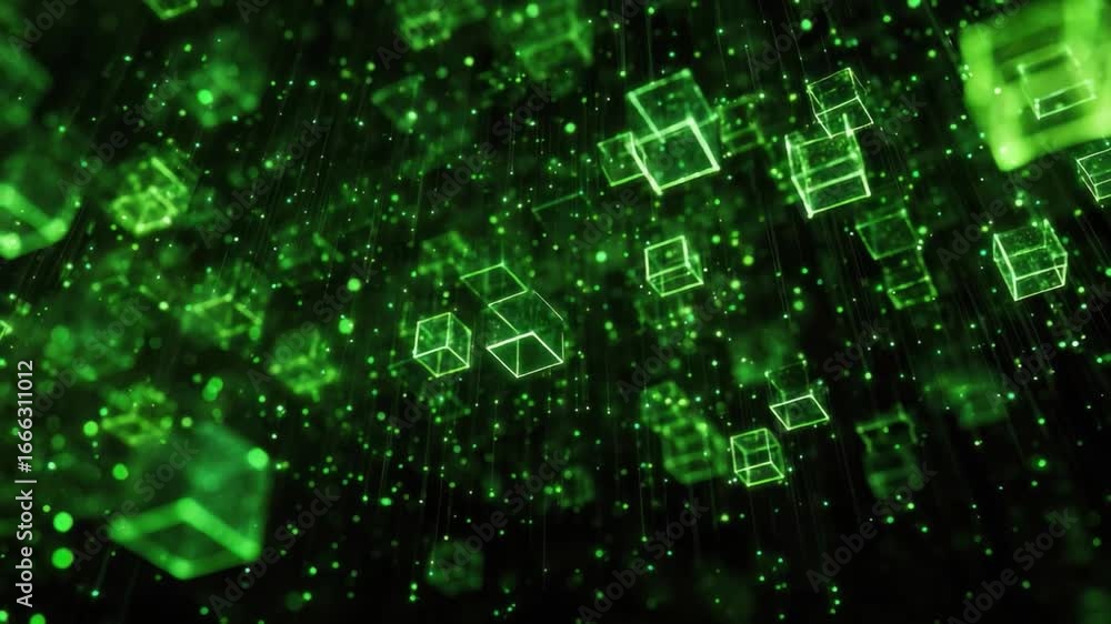 Poster illuminated abstract cubes: a mesmerizing digital depiction of glowing emerald cubes floats in a dar