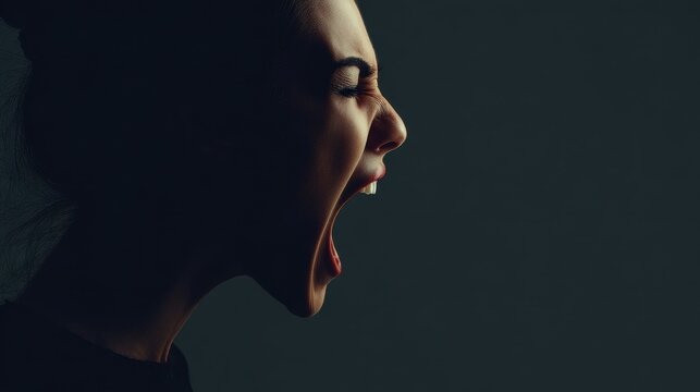 Horror Frustration: Angry Woman Profile Screaming in Insane Madness