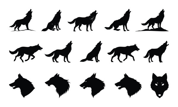Collection of silhouettes featuring wolves in various poses including howling standing and head profiles