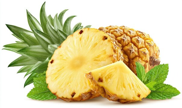 Fresh pineapple slices and leaves on white background