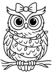 Fototapeta premium Black and white vector of a cute owl on branch with bow and garland. Perfect for engraving, prints, tattoos, and Christmas projects