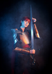 Fantasy warrior woman with red hair in historical medieval  armour costume,  cinematic studio...