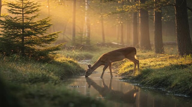 Serene deer drinking from a tranquil stream in a misty forest at dawn, surrounded by nature