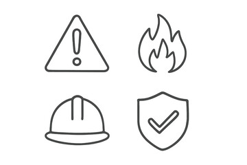 Safety and Hazard Outline Icons Set of 4 – Linear Warning, Fire, Helmet, and Protection Symbols, Vector Illustration on Transparent Background for Industrial and Workplace Safety