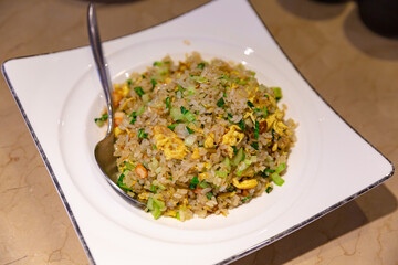 Chinese-style fried rice served on a white square plate, featuring egg, shrimp, green vegetables, and finely chopped onions for a colorful presentation