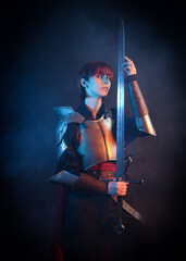 Fantasy warrior woman with red hair in historical medieval  armour costume,  cinematic studio...