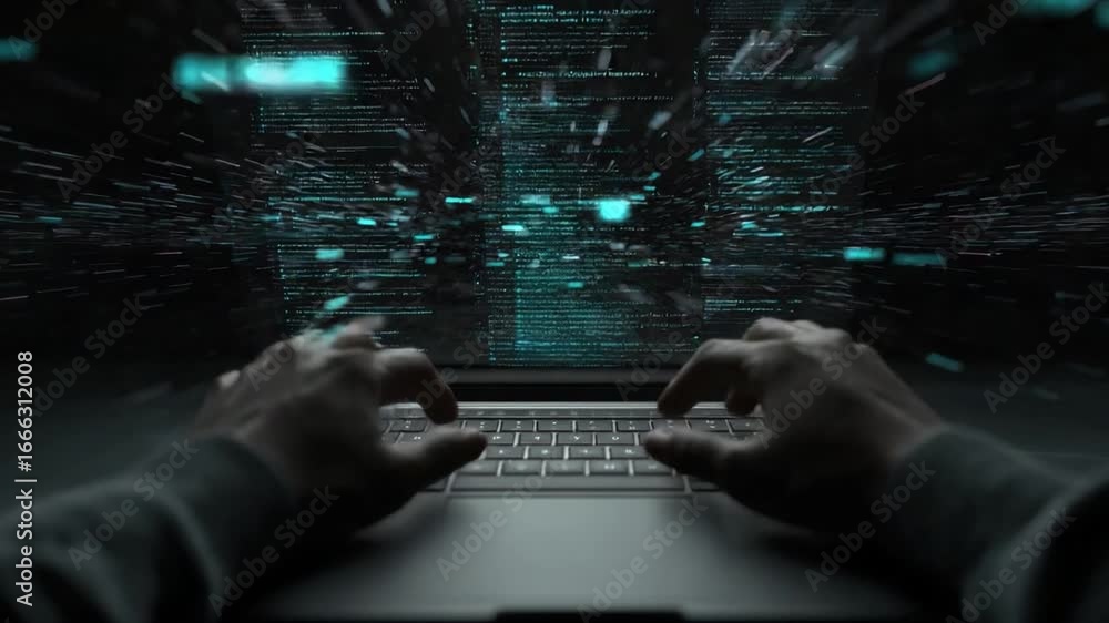 Poster coding symphony: a tech-savvy individual's hands dance across a laptop keyboard, navigating the intr