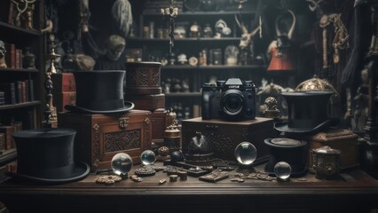 Dark, antique room with camera