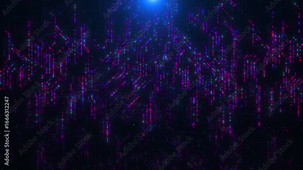 Poster digital structure electronic circuit board visuals. vivid neon grid pulses across dark background sy