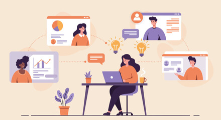 A woman working remotely on her laptop, collaborating with colleagues in a virtual meeting and sharing ideas online.