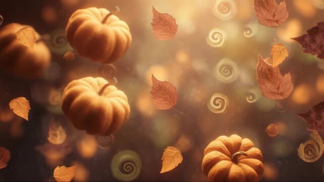 Floating pumpkins and autumn leaves in a warm, dreamy background  