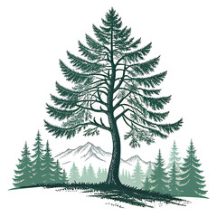 Fototapeta premium Detailed illustration of a large evergreen tree with mountains and smaller trees in the background