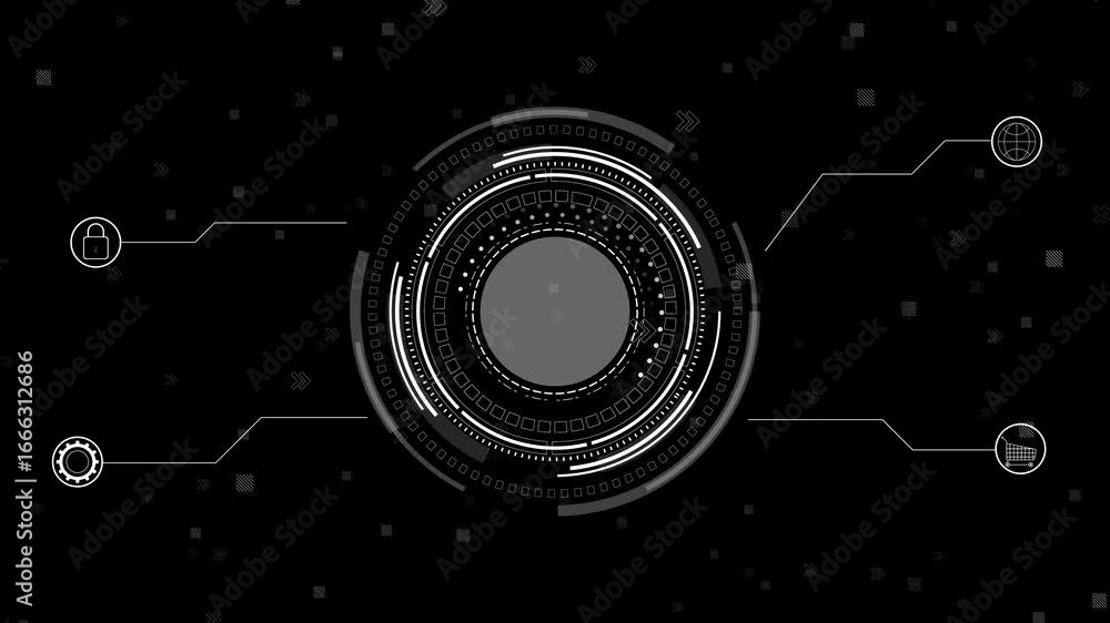 Poster futuristic digital round hud interface cybersecurity, ecommerce, global networks. modern tech dashbo