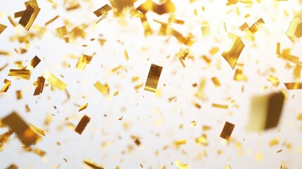 Golden confetti falling against a bright white background, creating a sparkling, celebratory atmosphere.