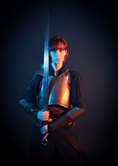 Fantasy warrior woman with red hair in historical medieval  armour costume,  cinematic studio...