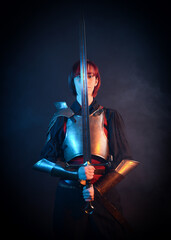 Fantasy warrior woman with red hair in historical medieval  armour costume,  cinematic studio...