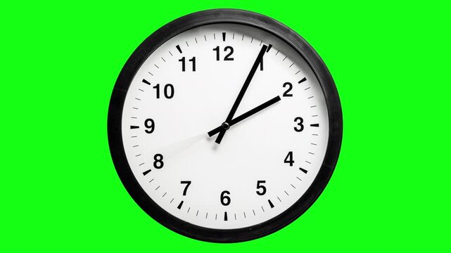 Time lapse video (looped) of a full 12-hour rotation of the hands of a classic black and white wall clock against a green screen chromakey background.