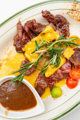 top view French crab baked steak at vertical composition