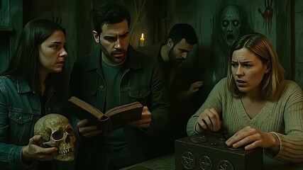 Group solving mysterious puzzle in dark, eerie escape room with skull, ancient book, and ghostly figures