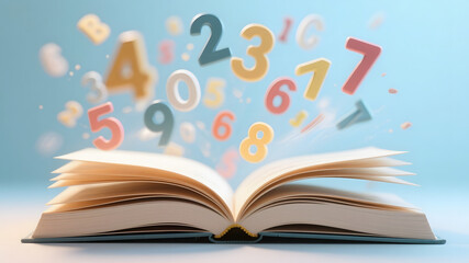 Education and learning conceptual image of open book with artistic letters and numbers floating, symbolic back to school