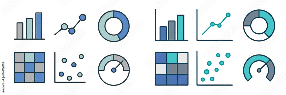 Poster blue-toned vector illustrations of data visualization elements