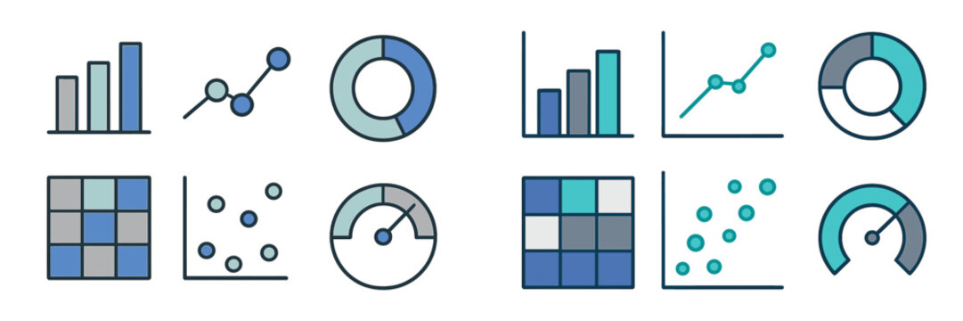 Blue-toned vector illustrations of data visualization elements