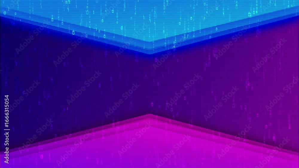 Poster futuristic animation binary digits over gradient mix of blue pink light beams. number, glitch textur