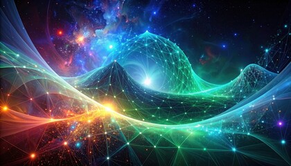 Abstract digital network overlaying nebulae and star fields in deep space cosmos galaxy universe science