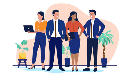 Obraz premium Happy and confident business team of diverse businesspeople standing together, representing a strong partnership and collaboration in the workplace in modern flat design vector illustration 