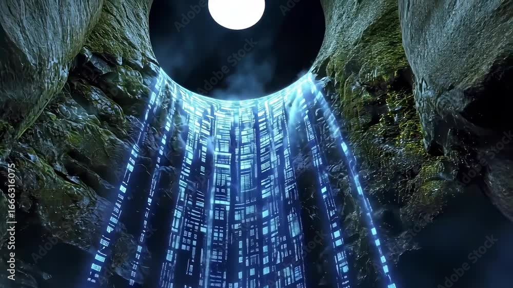 Poster futuristic waterfall cascading data in a mysterious cave