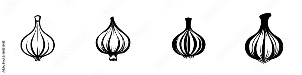 Poster different types of garlic bulbs showcasing various shapes and sizes on a plain background