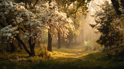 Fototapeta premium Spring morning sunlight filtering through flowering trees in a tranquil forest setting