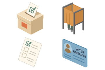 Isometric Flat Voting Rights Icons Set Including Ballot Box with Check Mark, Voting Booth, Marked Ballot Paper, and Voter Registration Card Vector Illustration on Transparent Background