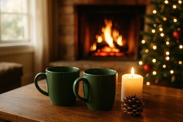 Warm Christmas Eve offers solace with glowing fireplace, two green mugs, and single candle, embodying holiday relaxation.