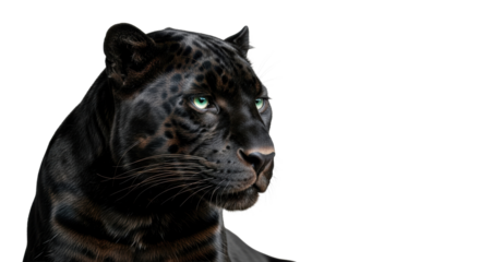 Majestic midnight black panther in elegant profile, velvety fur, piercing emerald eyes, dramatic high-contrast lighting, white studio background, copy space, concept of wild nature and primal power