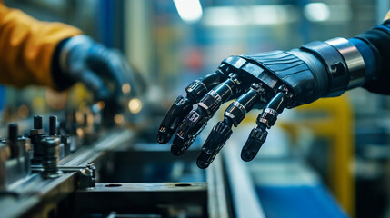 Close-up of worker with prosthetic arm adjusting screws on production line, inclusive workplace detail