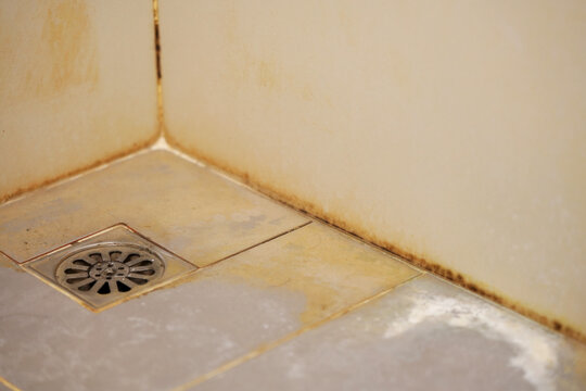 bathroom with a toilet. dirty joints between the tiles, toxic black mold in the corner. Clogged and dirty sewer pipes floor drain.