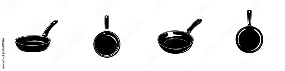 Poster various styles of frying pans displayed in a seamless line showing different shapes and designs suit